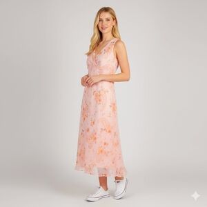 Vintage Y2K Peachy Pink Floral Paisley Print Sheer Flowy Midi Dress Coquette